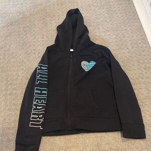 Old Navy Black Zip Hoodie with Turquoise & White Heart